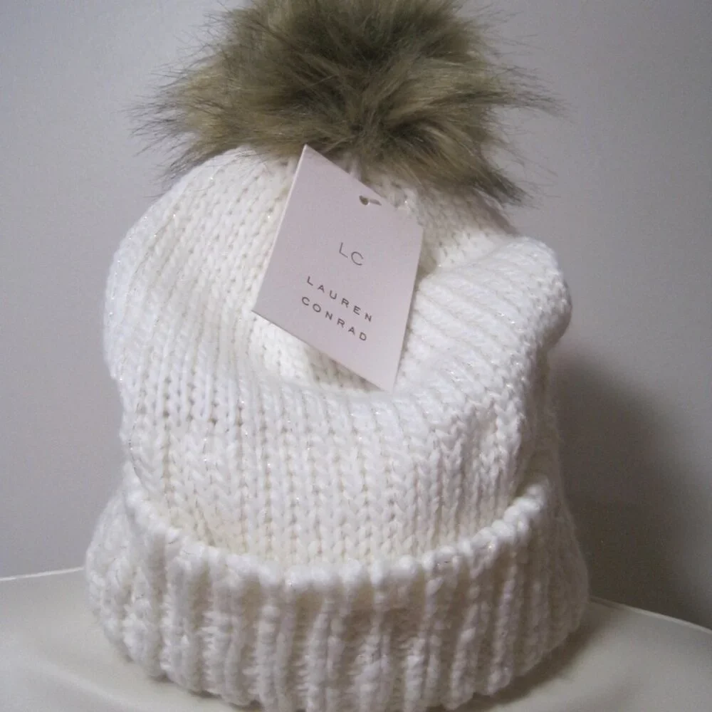 Lauren Conrad Knit Sparkle Beanie Hat White Cream Ivory Faux Fur Pom Pom W/ Pin